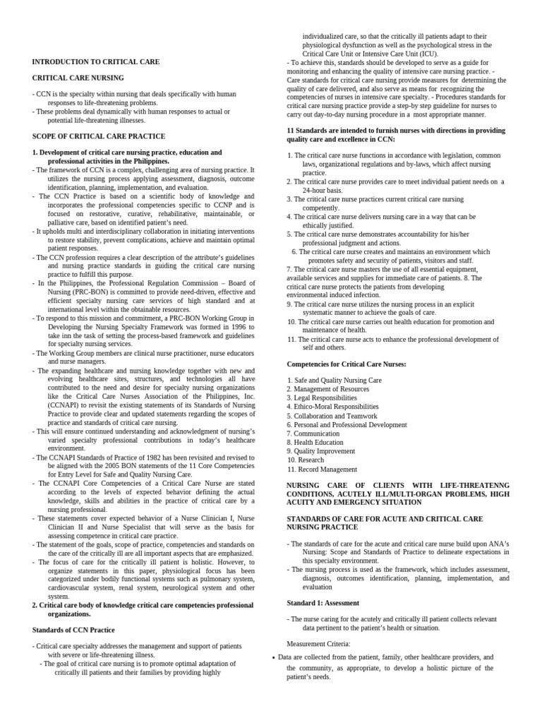Critical Care Nursing Standards and Practices | PDF | Nursing | Medical ...