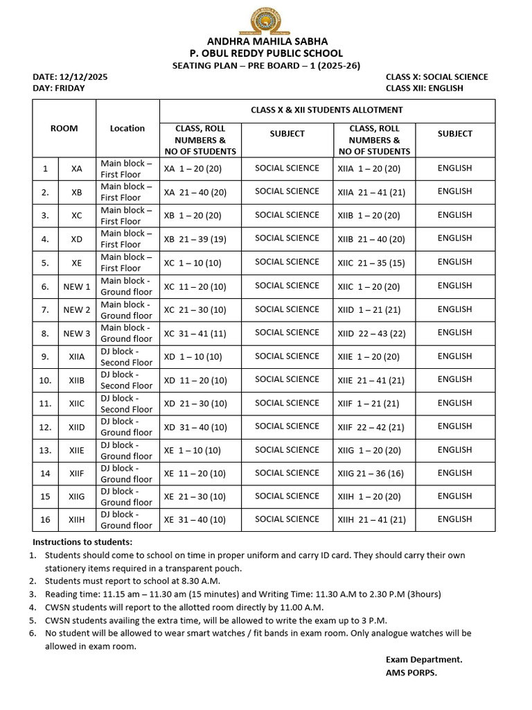 Pre Board 1 Seating Plan 2025-26 | PDF | Chess Theory | Chess