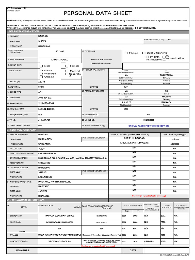Personal Data Sheet Template | PDF | Learning