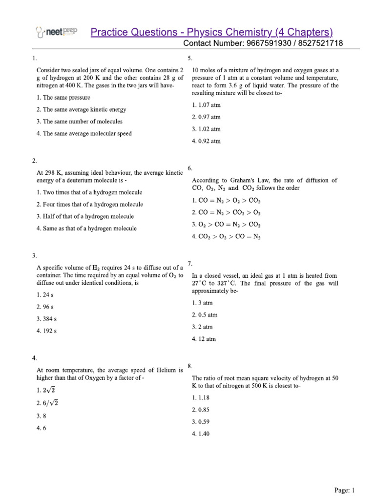 Practice Questions - Physical Chemistry (4 Chapters) | PDF