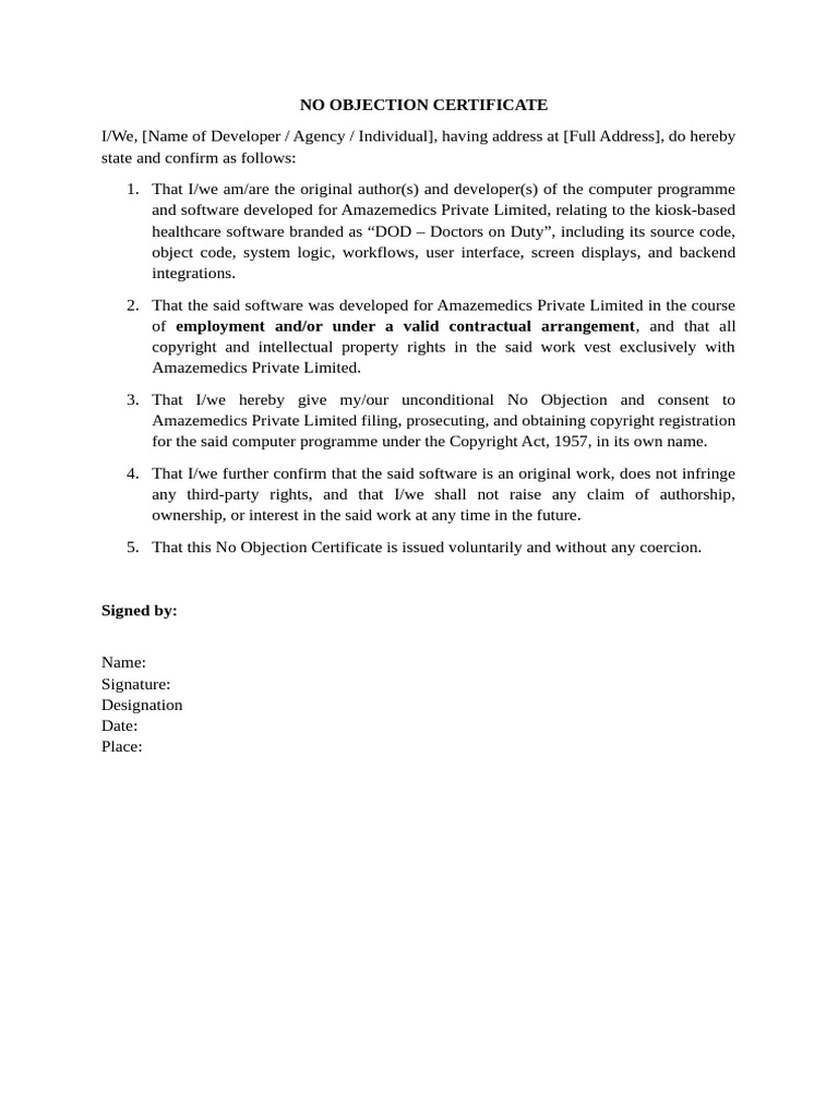 No Objection Certificate for Software | PDF