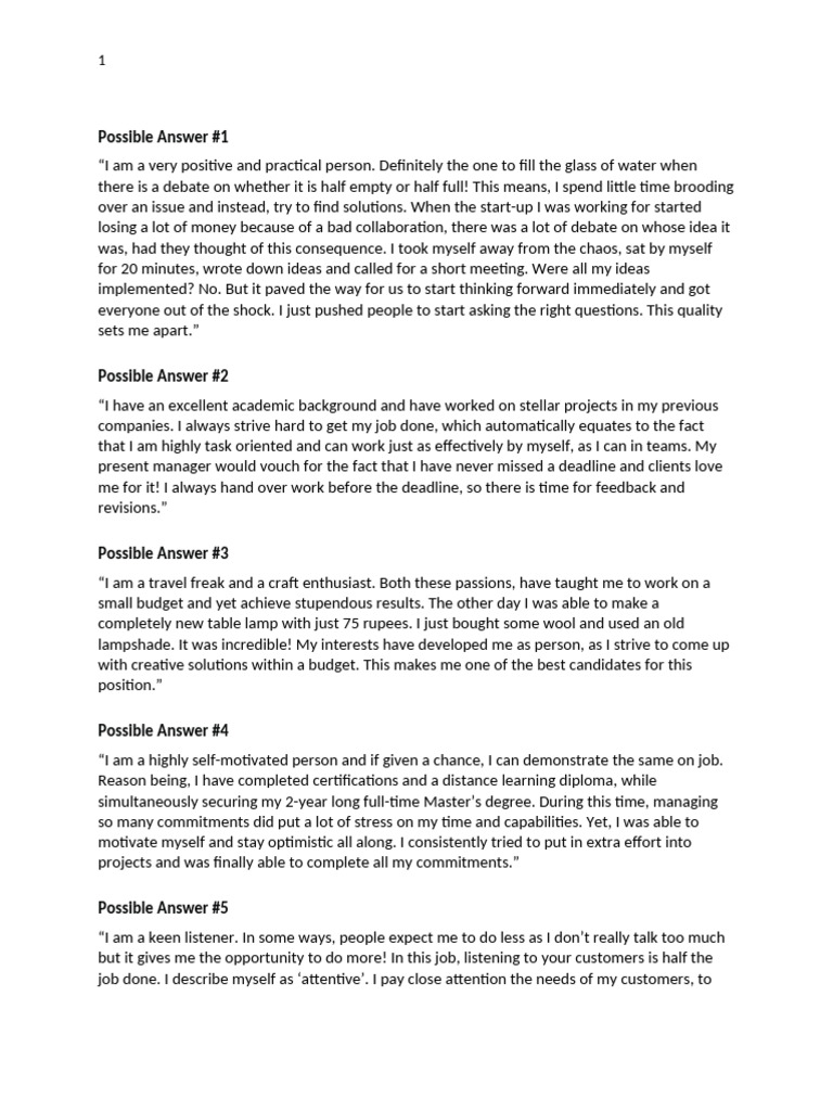 Sample Answers for Interview Questions | PDF | Motivation | Motivational