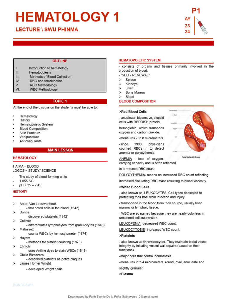 Hematology Lecture Overview and Methods | PDF | Red Blood Cell | Blood Cell