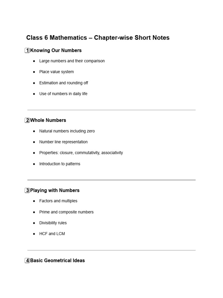 Class 6 Math Chapter Short Notes | PDF
