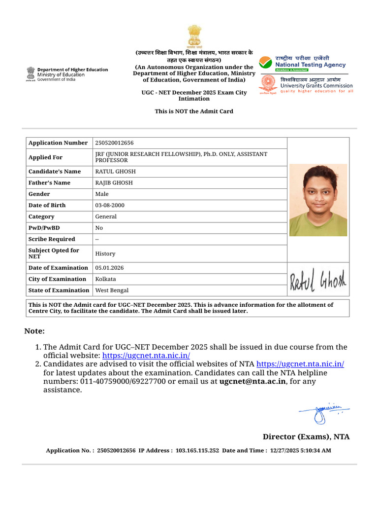 UGC NET December 2025 Exam City Intimation | PDF