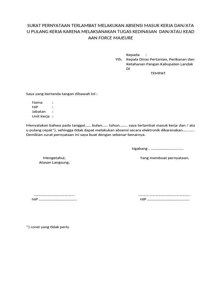Surat Pernyataan Terlambat Absensi Kerja | PDF