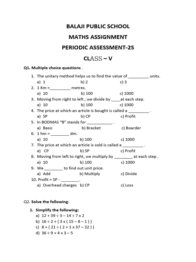 Class V Maths Assignment - Periodic Assessment | PDF