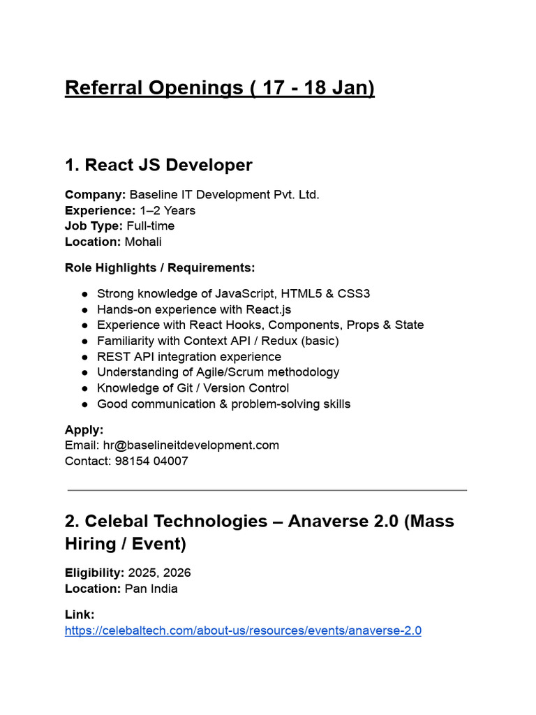 Job Openings: Tech & Internships Jan 2024 | PDF | Computing | Software ...