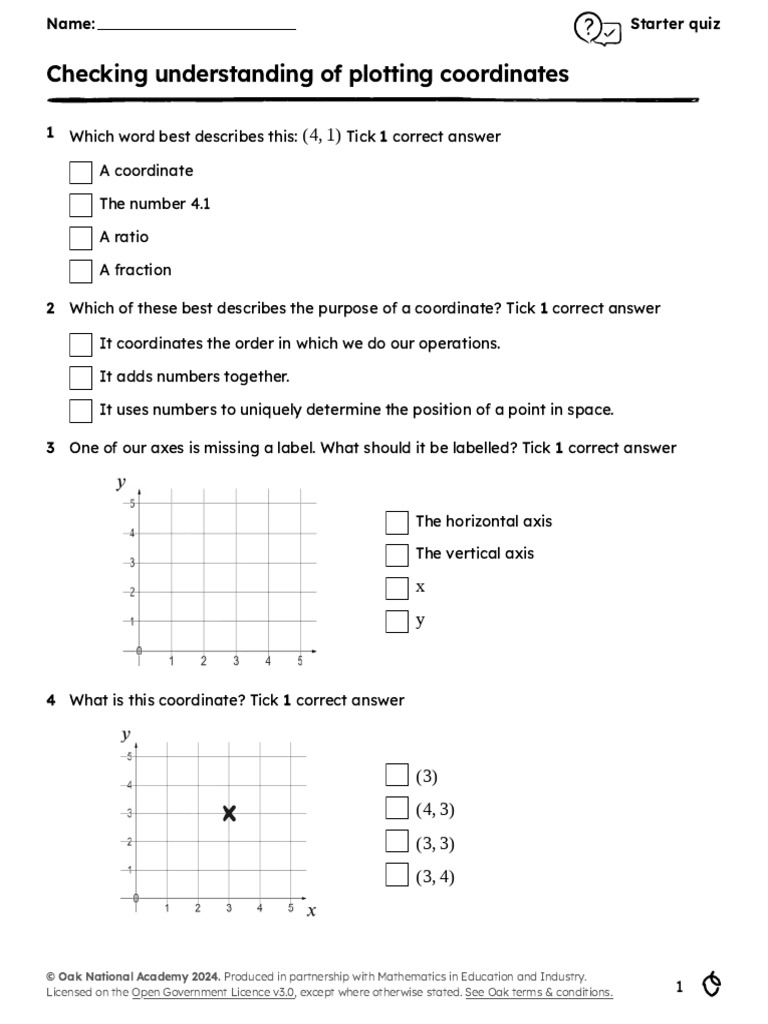 Coordinate Plotting Starter Quiz | PDF