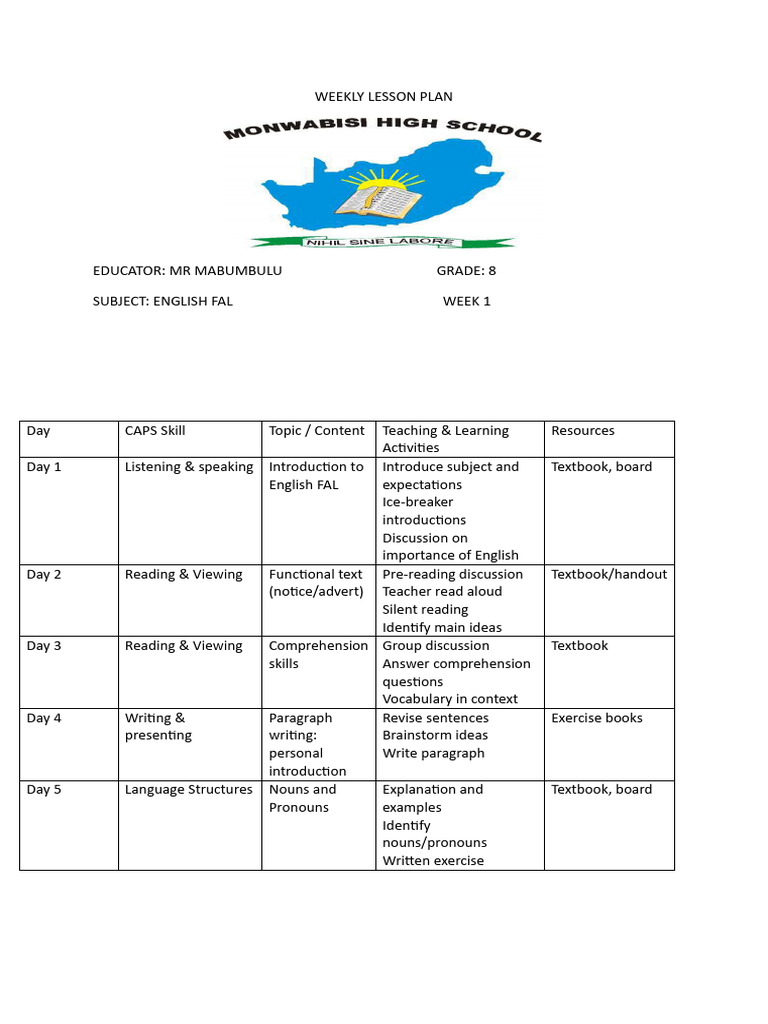 Grade 8 English FAL Weekly Plan | PDF