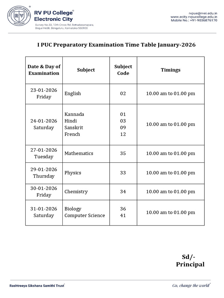 I PUC Exam Timetable January 2026 | PDF