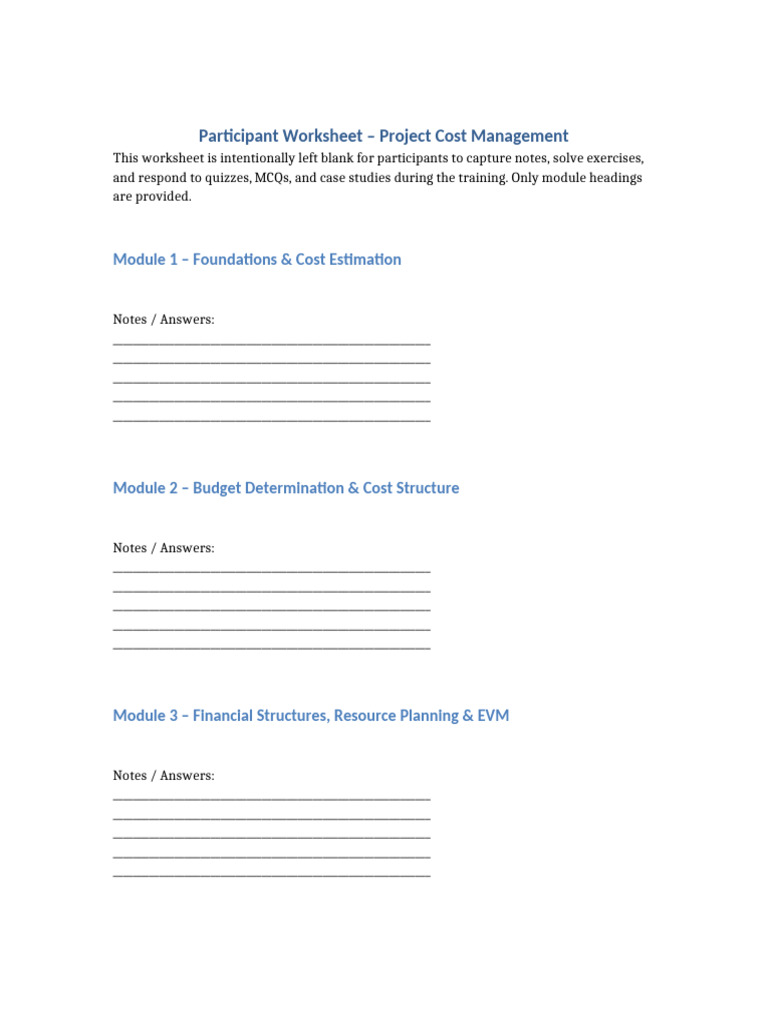 Participant Worksheet Module for Notes. | PDF