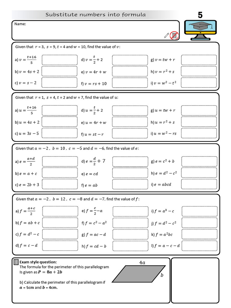 Substitute+Numbers+Into+Formula+(5)Questions | PDF