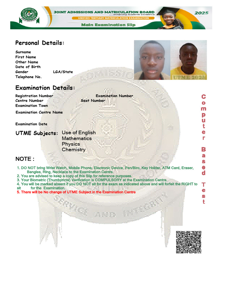 UTME 2025 Exam Details for Avososhido Apake | PDF