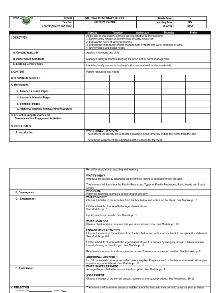 Grade 5 Family Resources Lesson Plan | PDF | Teachers | Intelligence