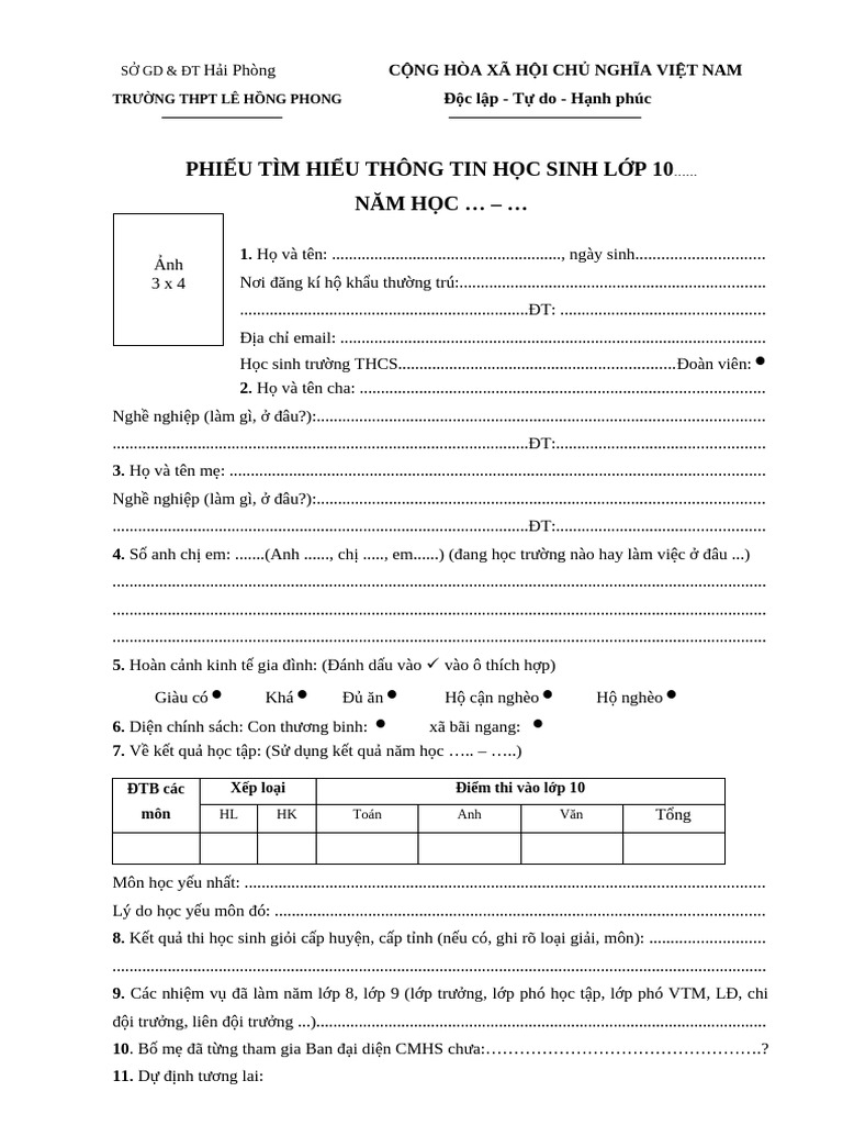 Mau Phieu Tim Hieu Thong Tin Hoc Sinh Lop 10 | PDF