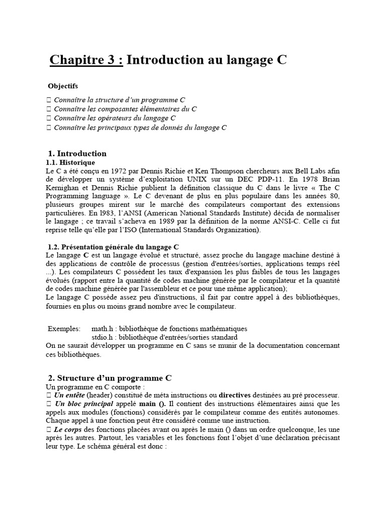 Introduction au langage C et ses composants | PDF | C (Langage de ...