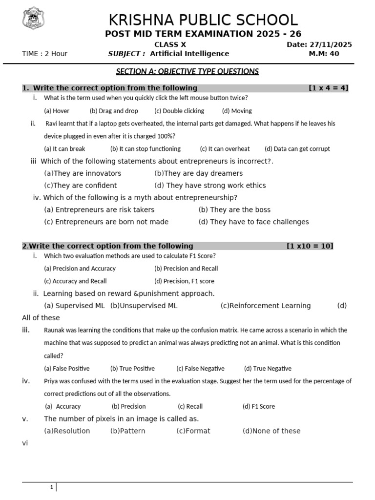 Class X AI Exam Paper 2025-26 | PDF | Artificial Intelligence ...