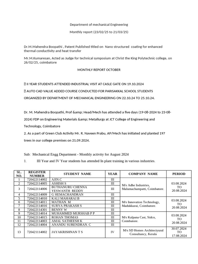 Mechanical Engineering Monthly Report | PDF | Engineering | Applied And ...