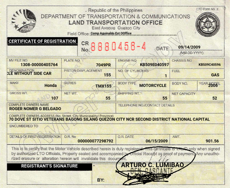 Motorcycle Registration Document Details | PDF