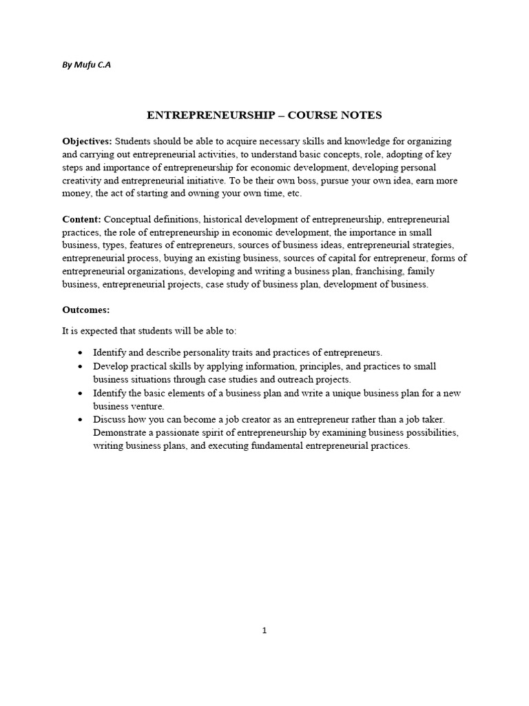 Entrepreneurship Course Notes Overview | PDF | Entrepreneurship ...