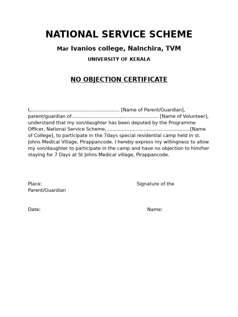 No Objection Certificate for NSS Camp | PDF