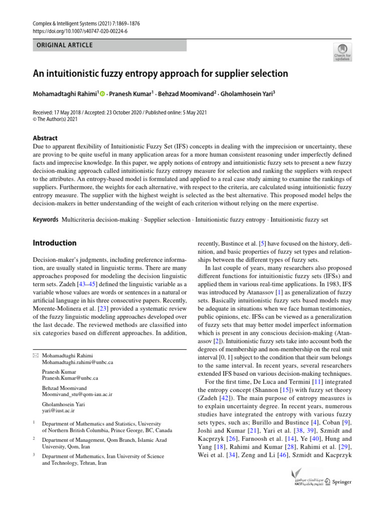 Intuitionistic Fuzzy Entropy for Supplier Selection | PDF | Fuzzy Logic ...
