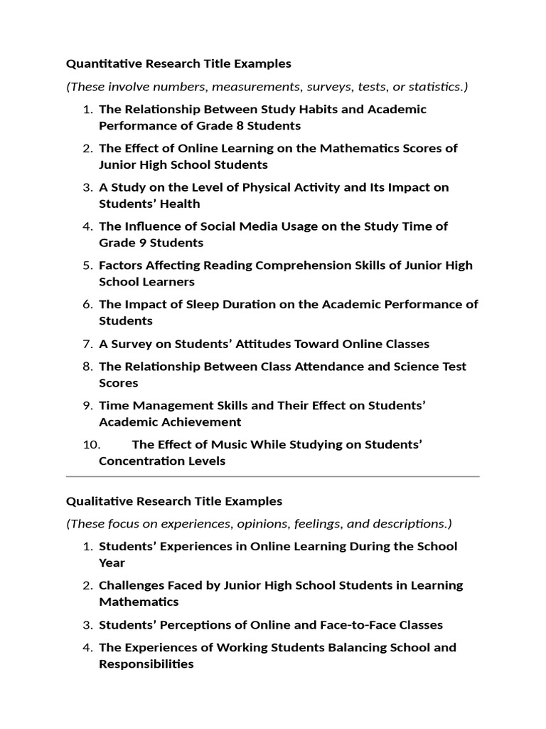 Research Title Examples for Students | PDF