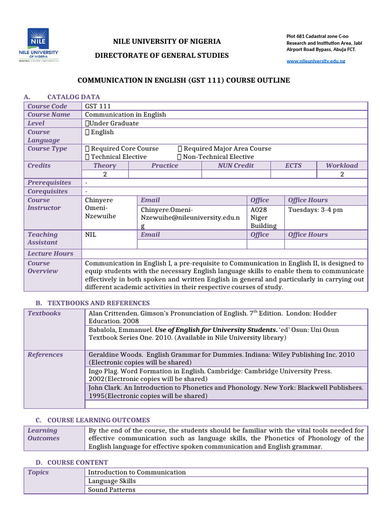 GST 111: Communication in English Course Outline | PDF | Part Of Speech ...