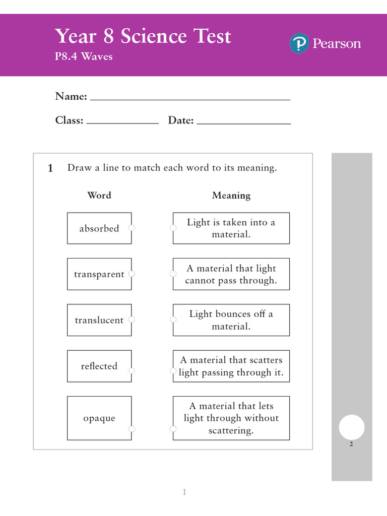 Year 8 Science Test: Waves and Light | PDF | Reflection (Physics) | Light