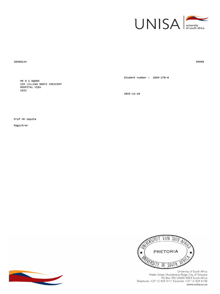 Unisa Student 28592700 Academic Record (1)_unlocked (1) | PDF | Accounting