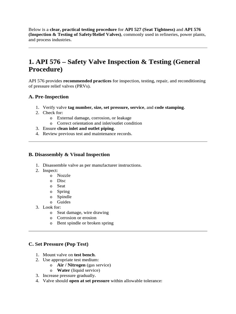 API 527 & 576 Valve Testing Procedures | PDF | Valve | Leak