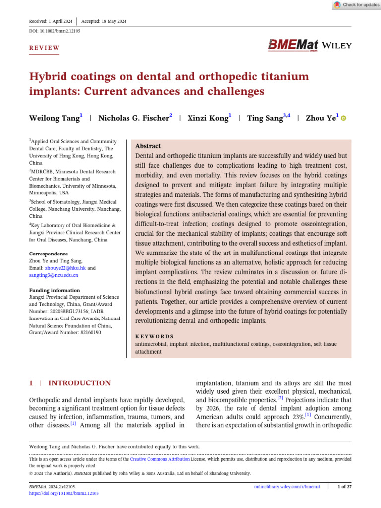 Hybrid Coatings for Titanium Implants | PDF | Chemical Vapor Deposition ...
