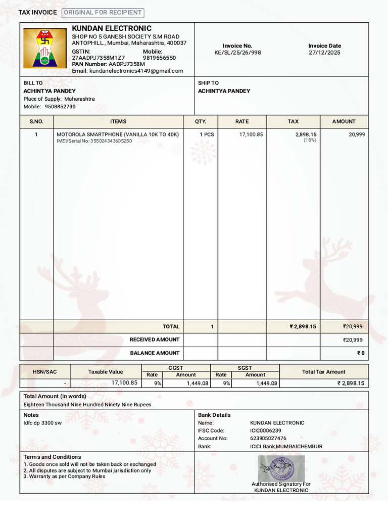 Ke Sl 25-26-998-Sales Invoice-Achintya Pandey | PDF | Payments | Taxes