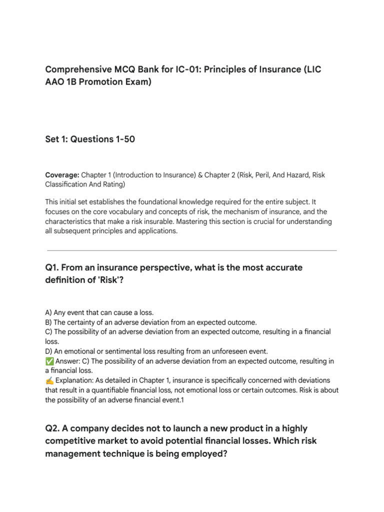 MCQ Bank for IC-01 Insurance Principles | PDF | Insurance | Risk
