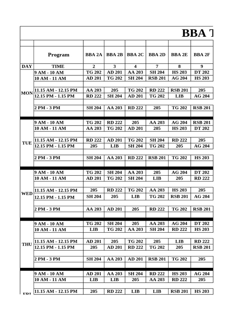 BBA Time Table - Jan 6th 2026 | PDF