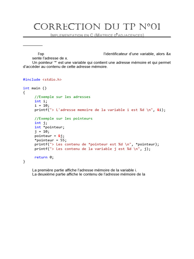TP C : Pointeurs et Matrices d'Adjacences | PDF | Pointeur ...