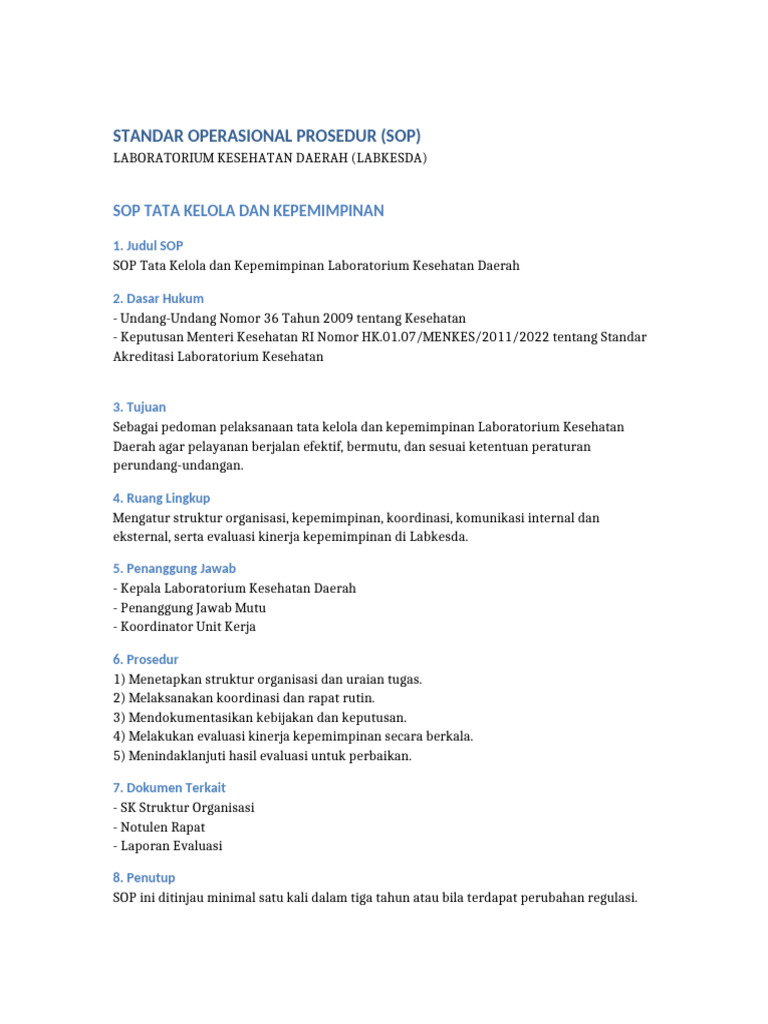 SOP BAB II Tata Kelola Dan Kepemimpinan Labkesda | PDF