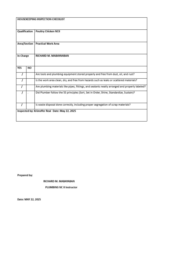 Poultry Housekeeping Inspection Checklist | PDF