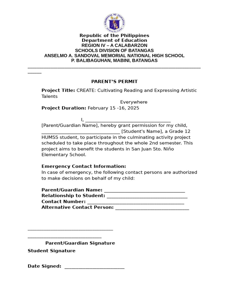 Parent's Permit for Student Project | PDF