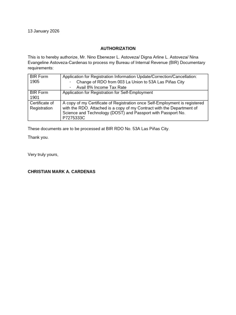Authorization for BIR | PDF