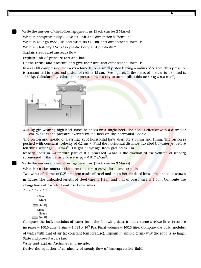 Physics Assignment: Fluid Mechanics & Elasticity | PDF | Pressure ...