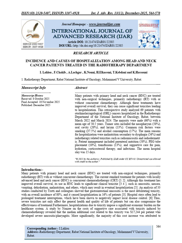INCIDENCE AND CAUSES OF HOSPITALIZATION AMONG HEAD AND NECK CANCER ...