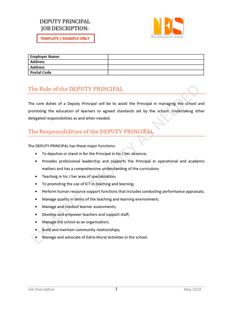 Deputy-Principal-Job-Description-EXAMPLE-2019 | PDF | Teachers | Mentorship