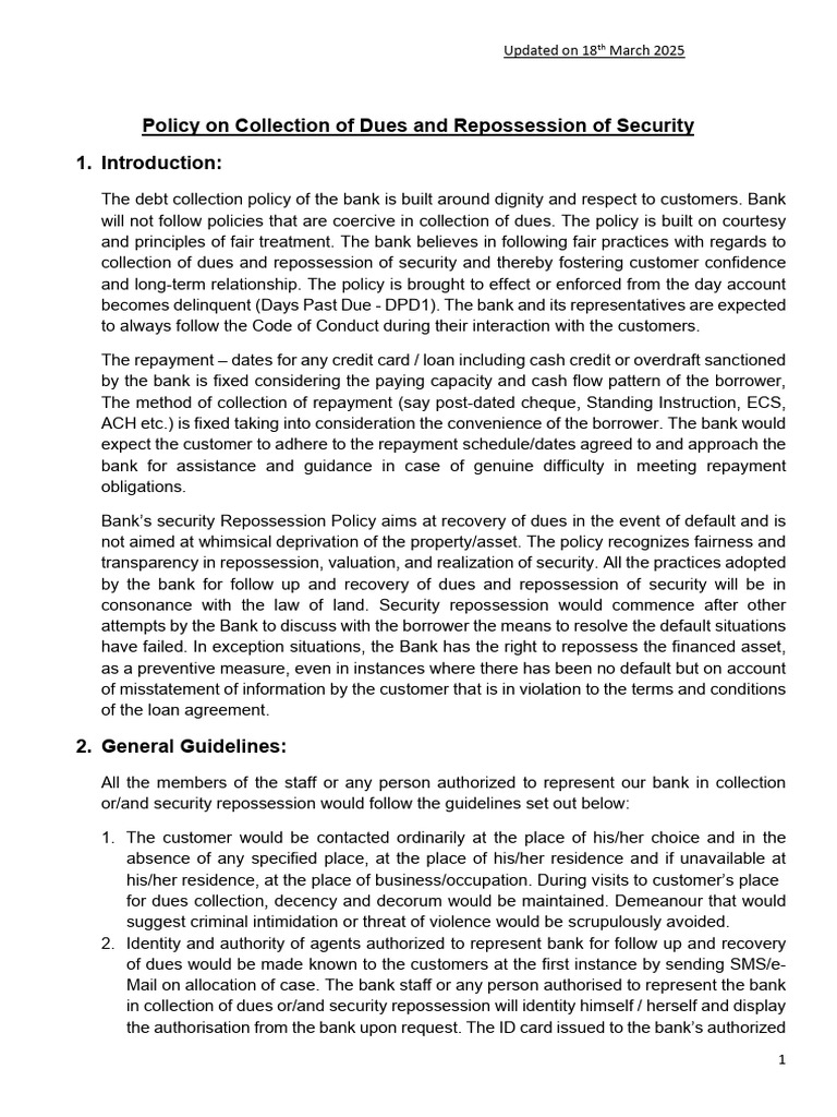Bank Dues Collection and Repossession Policy | PDF | Banks | Loans