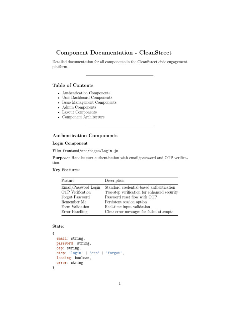 CleanStreet Component Documentation | PDF | Password | Login