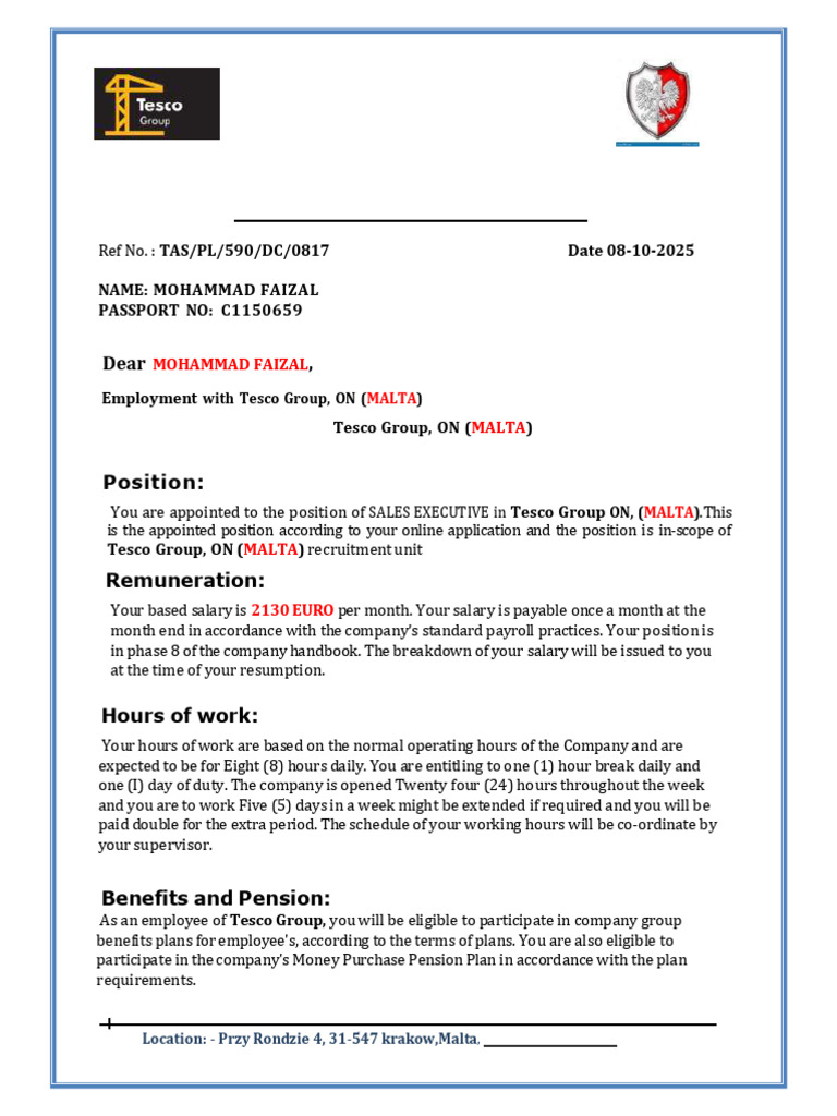 Tesco Group Employment Offer Letter | PDF | Salary | Employment