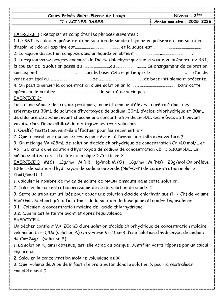 Cours de Chimie : Acides et Bases 3ème | PDF | Hydroxyde de sodium ...