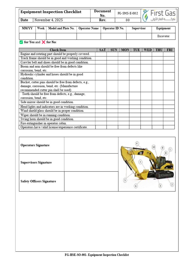 Excavator Equipment Inspection Checklist | PDF