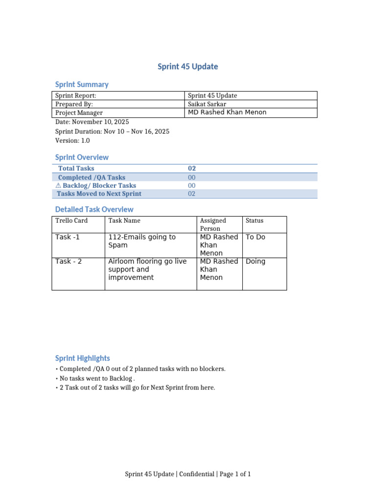Sprint 45 Task Overview & Status Update | PDF
